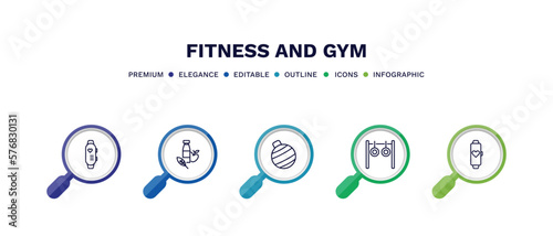 set of fitness and gym thin line icons. fitness and gym outline icons with infographic template. linear icons such as sport watch, fitness nutrition, ball, rings exercises, tracker vector.