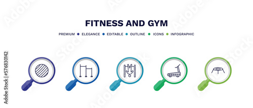 set of fitness and gym thin line icons. fitness and gym outline icons with infographic template. linear icons such as gymnastic ball, horizontal bar, exercise hang bar, running treadmill, trampoline