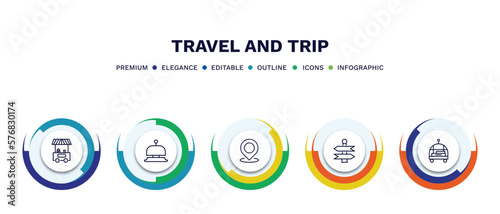 set of travel and trip thin line icons. travel and trip outline icons with infographic template. linear icons such as food stand, hotel bell, landmark, , bellhop vector.