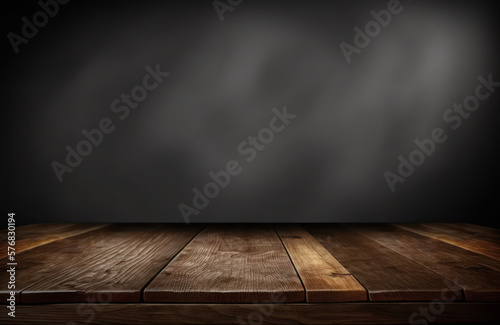 Wooden texture table top with dark background. For product display and presentation. Generative AI