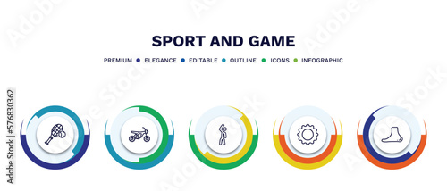 set of sport and game thin line icons. sport and game outline icons with infographic template. linear icons such as tennis game, motocross, left bend, equipment, ankle vector.