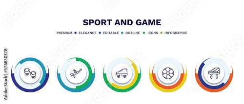 set of sport and game thin line icons. sport and game outline icons with infographic template. linear icons such as boxing glove, capoeira, roller skate, football ball, flying shoes vector.