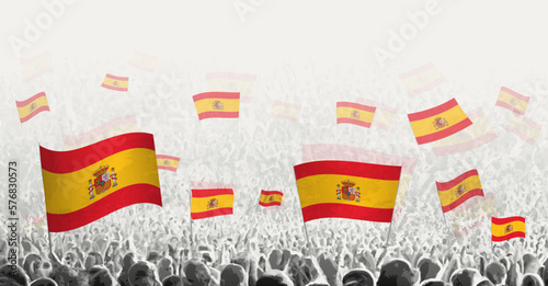 Abstract crowd with flag of Spain. Peoples protest, revolution, strike and demonstration with flag of Spain.