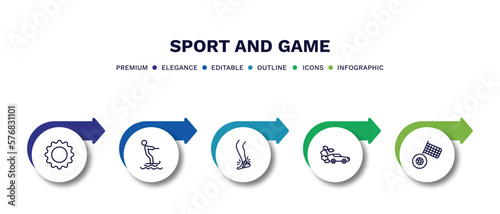 set of sport and game thin line icons. sport and game outline icons with infographic template. linear icons such as equipment, jet surfing, sprained ankle, drift car, motor sports vector.