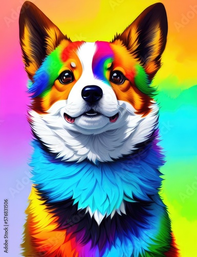 Colorful rainbow realistic corgi dog