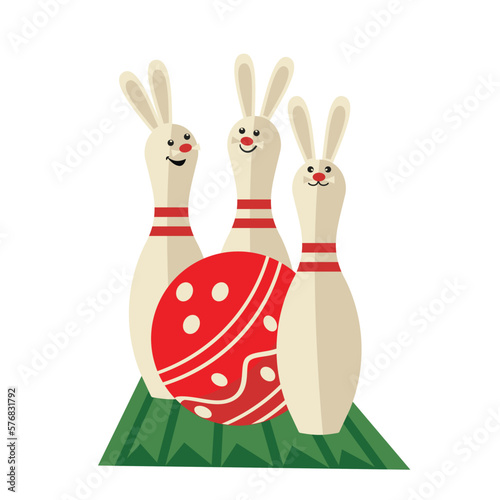 Festive bowling party pins with rabbit ears vector icon. Fancy bunny pins, red Easter ball cartoon design element illustration. Easter spring holidays team play competition, bowling club entertainment
