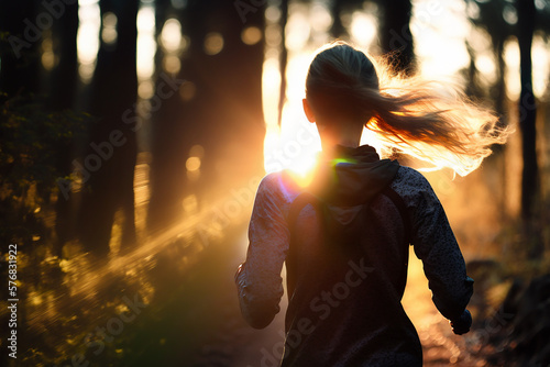 Lady trail runner running on forest path at dawn with abstract bokeh light and motion blur created with Generative AI