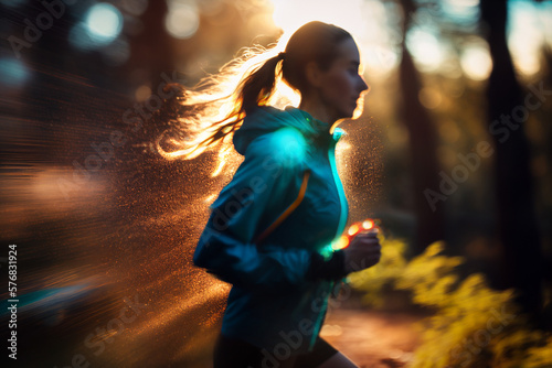 Lady trail runner running on forest path at dawn with abstract bokeh light and motion blur created with Generative AI photo