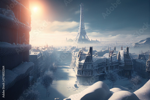 European city in apocalyptic winter, snow and ice due to energy crisis, generative AI.