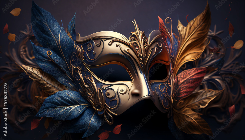 Realistic luxury carnival fashion mask feathers abstract blurred background, Generative AI