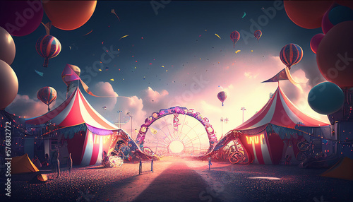 Colorful cartoon style carnival amusement park and funfair background, Generative AI photo