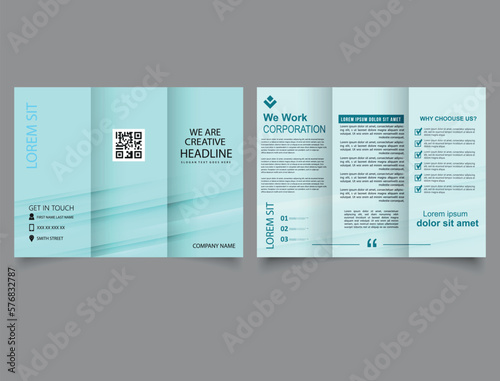 Sky blue trifold brochure. folding layout Abstract brochure template.