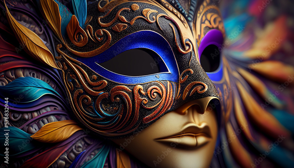 Realistic luxury carnival fashion mask feathers abstract blurred background, Generative AI