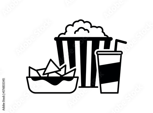 Popcorn, nachos and soda with straw. Cinema icon in flat design. vector illustration (ID: 576833345)