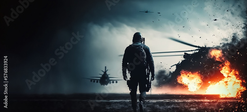 Special forces soldier in the war zone. A military fighter jet and a burning falling helicopter in the background. War concept. Explosion, smoke and sparks of fire in the background. digital ai art