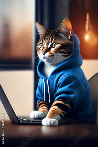 AI generierte Katze mit blauem Kapuzenpullover sitzt vor einem Laptop in einem Arbeitszimmer