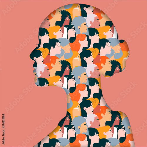Ilustración vectorial del dia internacional de la mujer con efecto papel cortado sobre un patrón de repetición con figuras de mujer.  photo