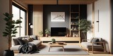 The interior of a living room designed with a Japandi style emphasizes simplicity, natural elements, and minimalism, Generative AI