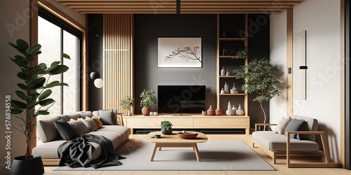 Fototapeta Naklejka Na Ścianę i Meble -  The interior of a living room designed with a Japandi style emphasizes simplicity, natural elements, and minimalism, Generative AI