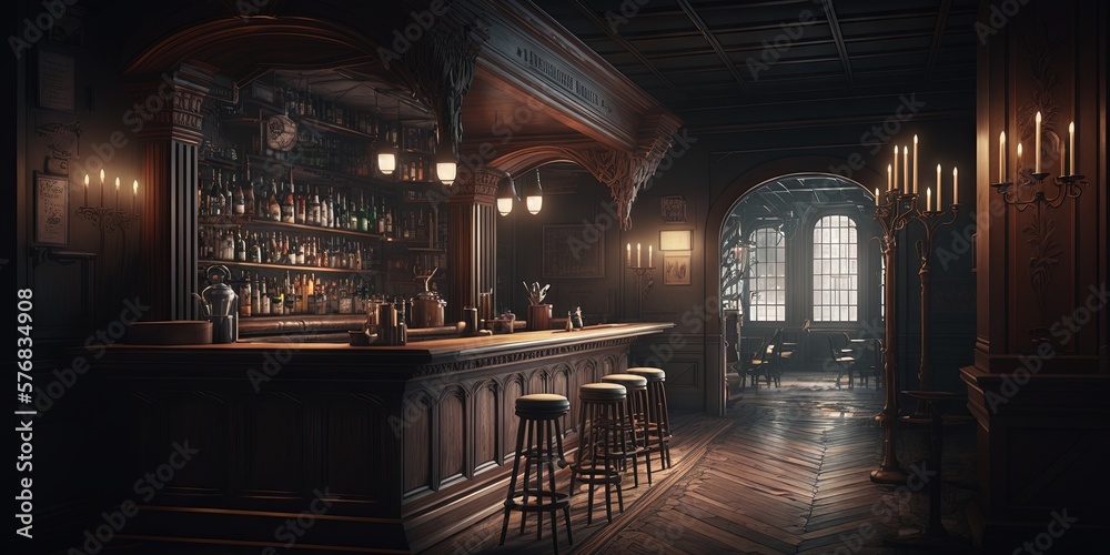 A restaurant with a bar in a classic style, with a dark and aged atmosphere, Generative AI