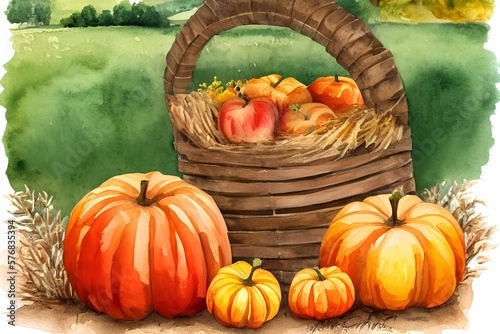 Watercolor apple harvest scene with pumpkin  sunflower  wheel Fall decor composition for Thanksgiving and autumn arrangement card  Farmhouse rustic garden - generative ai