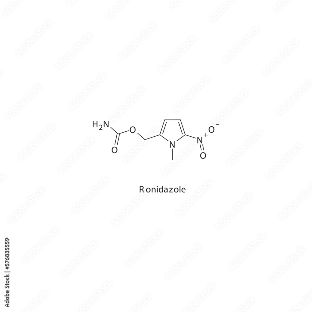 Ronidazole flat skeletal molecular structure Antiprotozoal drug used in trichomonas infection treatment. Vector illustration. Ronidazole flat skeletal molecular structure Antiprotozoal drug used in trichomonas infection treatment. Vector illustration.
