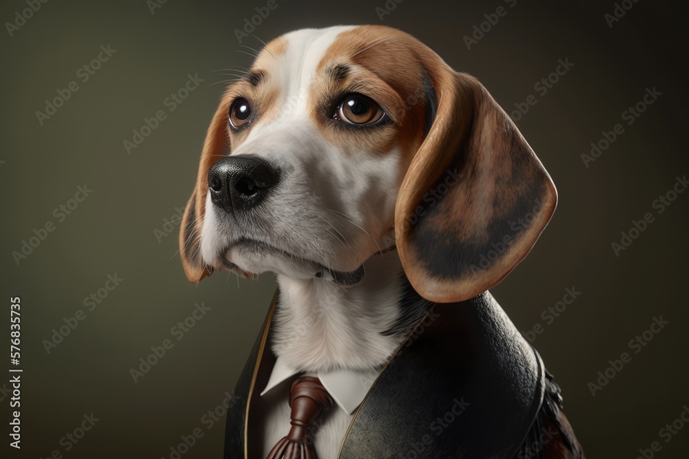 Cute dog judge looking away against gray background