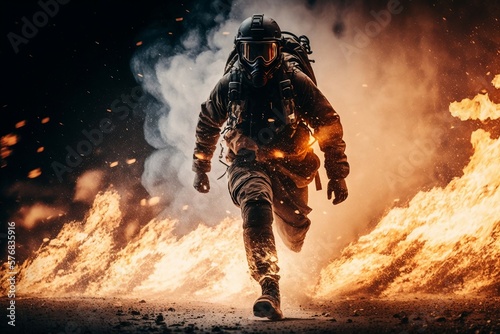Leinwand Poster Firefighter running from epic fire. Ai generative