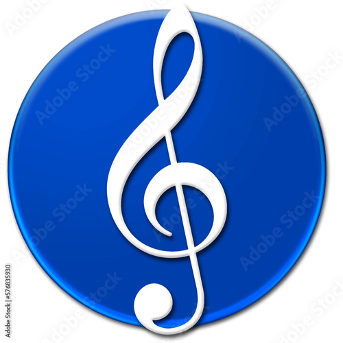 White treble clef sign on a blue glassy button isolated over white background, music icon vector illustration