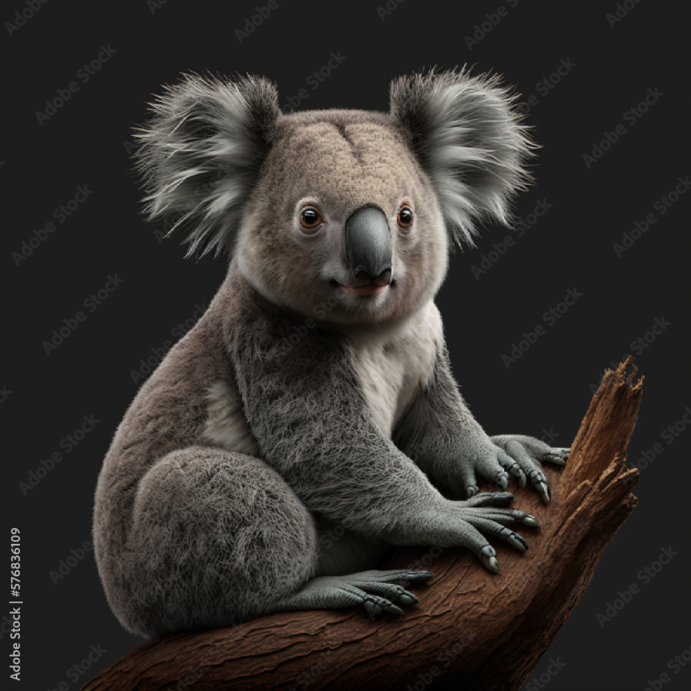 Obraz premium Australian koala in its natural habitat, brown trees and greenery surrounding the koala.