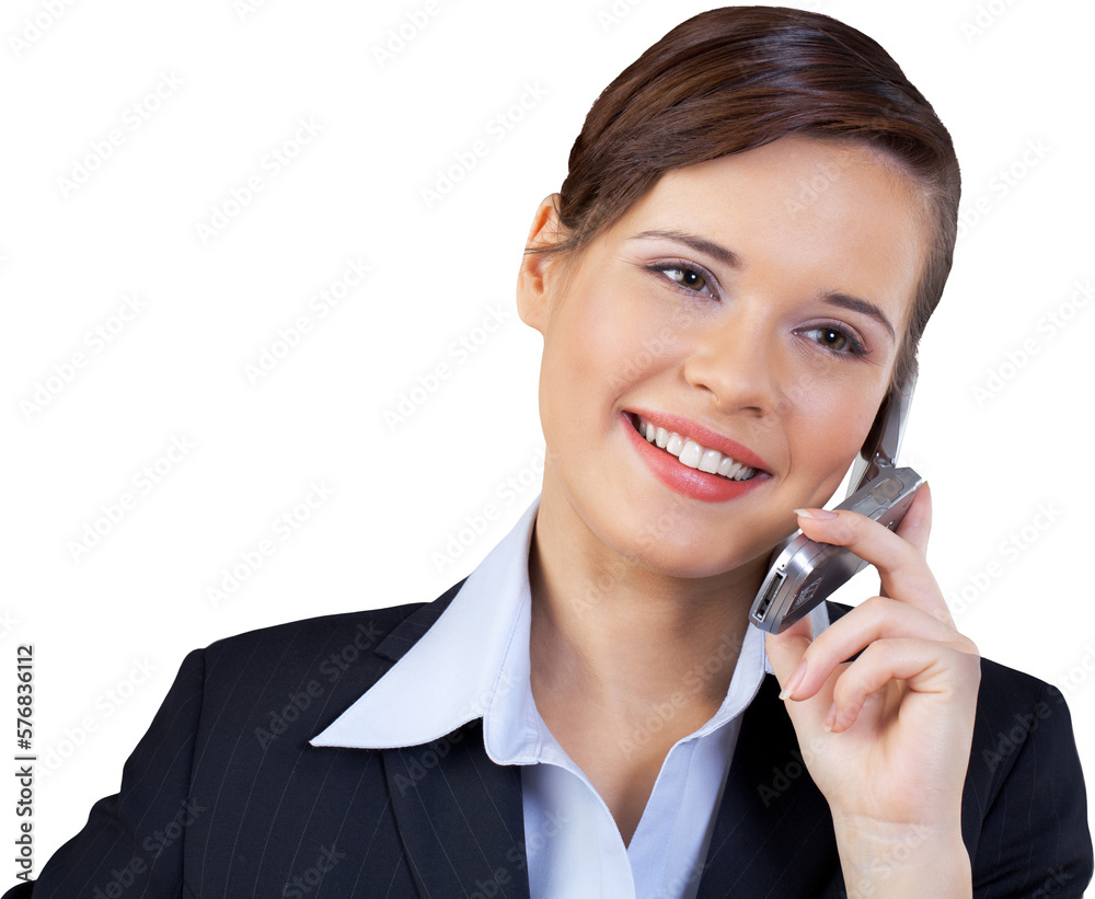Close-up portrait of young businesswoman using mobile isolated on white background Close-up portrait of young businesswoman using mobile isolated on white background