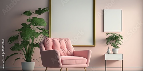 A horizontal frame in a Japandi-style interior with a pink armchair is featured in this mockup, Generative AI