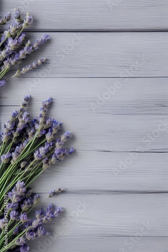 white grey old white wooden shelves background with empty copy space and lavender flowers and blue napkin towel decoration - generative ai