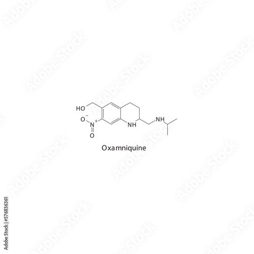 Oxamniquine flat skeletal molecular structure Anthelmintic agent drug used in worm infection treatment. Vector illustration. photo