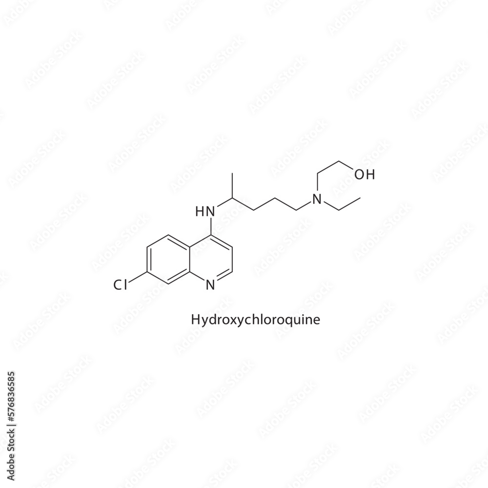 Hydroxychloroquine flat skeletal molecular structure Antiparasitic drug used in malaria treatment. Vector illustration. Hydroxychloroquine flat skeletal molecular structure Antiparasitic drug used in malaria treatment. Vector illustration.