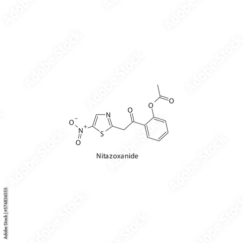 Nitazoxanide flat skeletal molecular structure Antiparasitic drug used in Viral and protozoal infection treatment. Vector illustration. photo