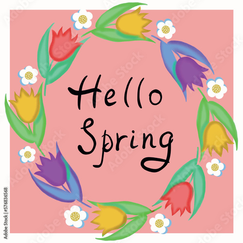 greeting card with spring flowers tulips,yellow,pink,purple,happy spring,hello spring,spring flowers,daisies,frame of spring flowers tulips,summer greeting card,summer background