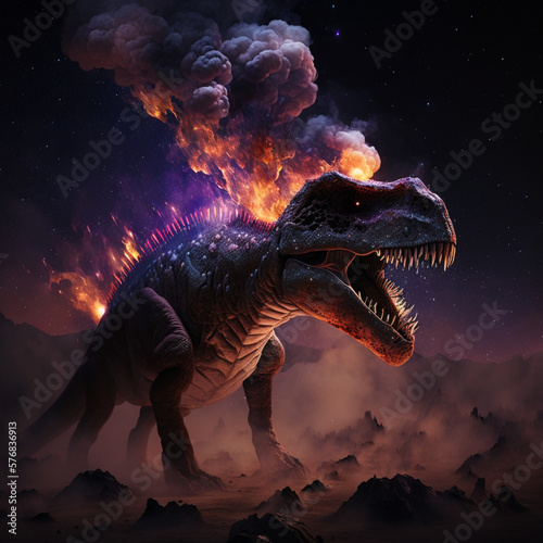 Tyrannosaurus rex dinosaur with a smokey aura surrounding it 