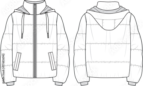 Unisex Quilted Hooded Zip-up Puffer Jacket. Technical fashion illustration. Front and back, white color. Unisex CAD mock-up.