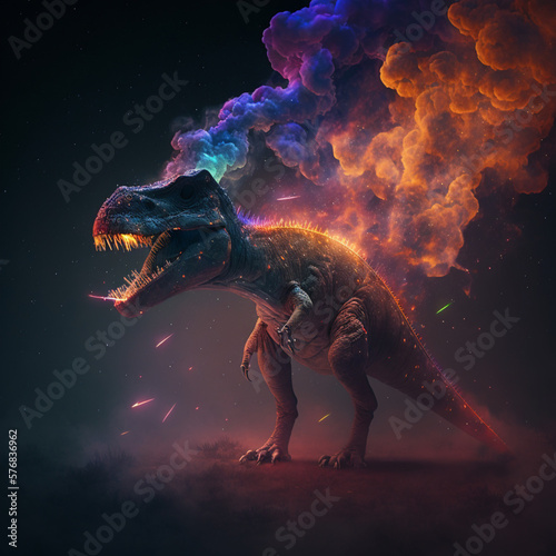 Apatosaurus dinosaur with smokey flames sorrounding it.