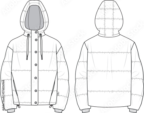 Unisex Quilted Hooded Zip-up Puffer Jacket. Technical fashion illustration. Front and back, white color. Unisex CAD mock-up.