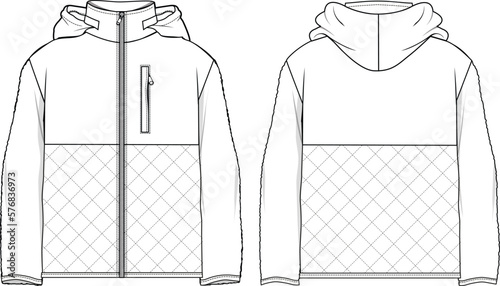 Women's Hooded, Quilted Teddy Coat. Technical fashion illustration. Front and back, white color. Unisex CAD mock.