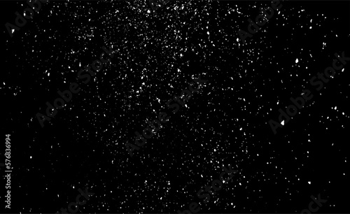 Snow, stars, twinkling lights, rain drops on black background. Abstract vector noise. Small particles of debris and dust. Distressed uneven grunge texture overlay.