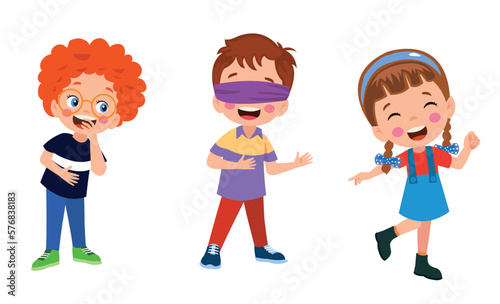 happy cute little kid boy and girl play tag blindfolded