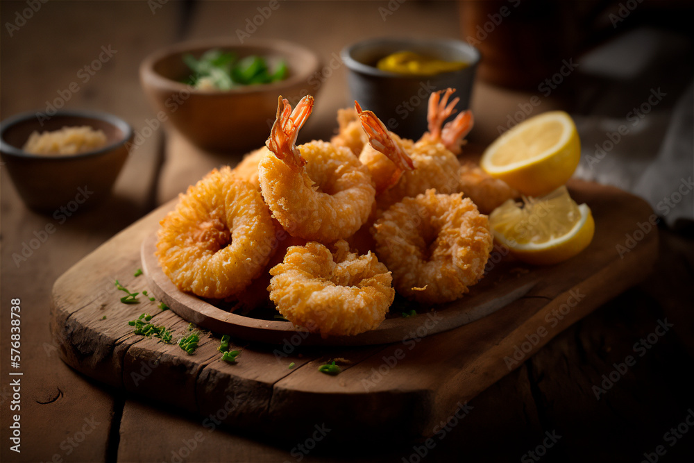 Fototapeta premium fried breaded shrimp on rustic wooden table. Delicious seafood. AI generated