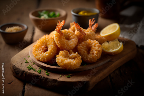 Valokuvatapetti fried breaded shrimp on rustic wooden table