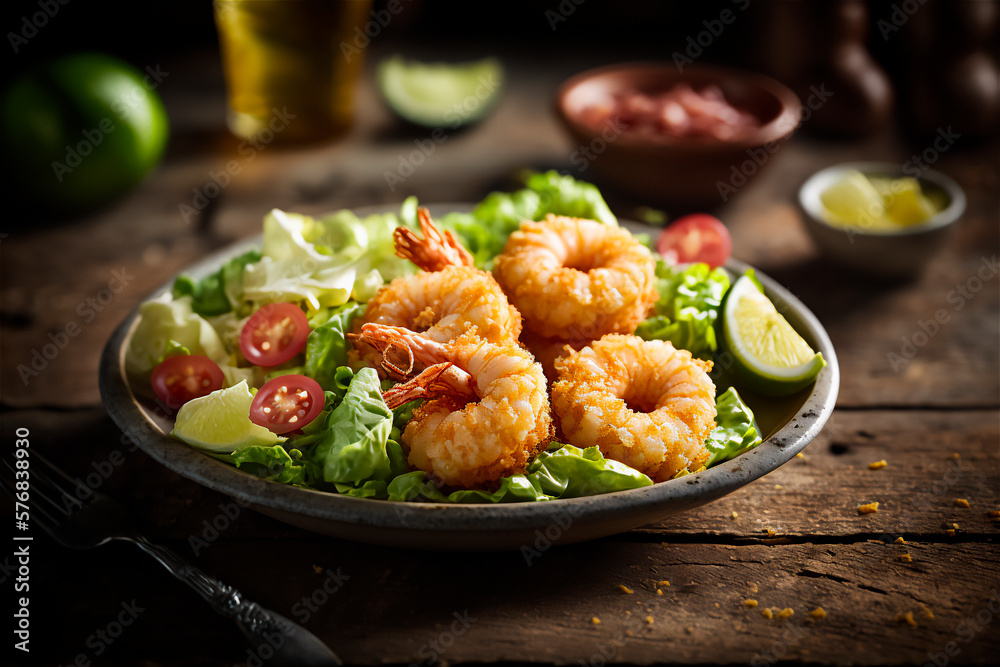 fried breaded shrimp on rustic wooden table. Delicious seafood. AI generated fried breaded shrimp on rustic wooden table. Delicious seafood. AI generated