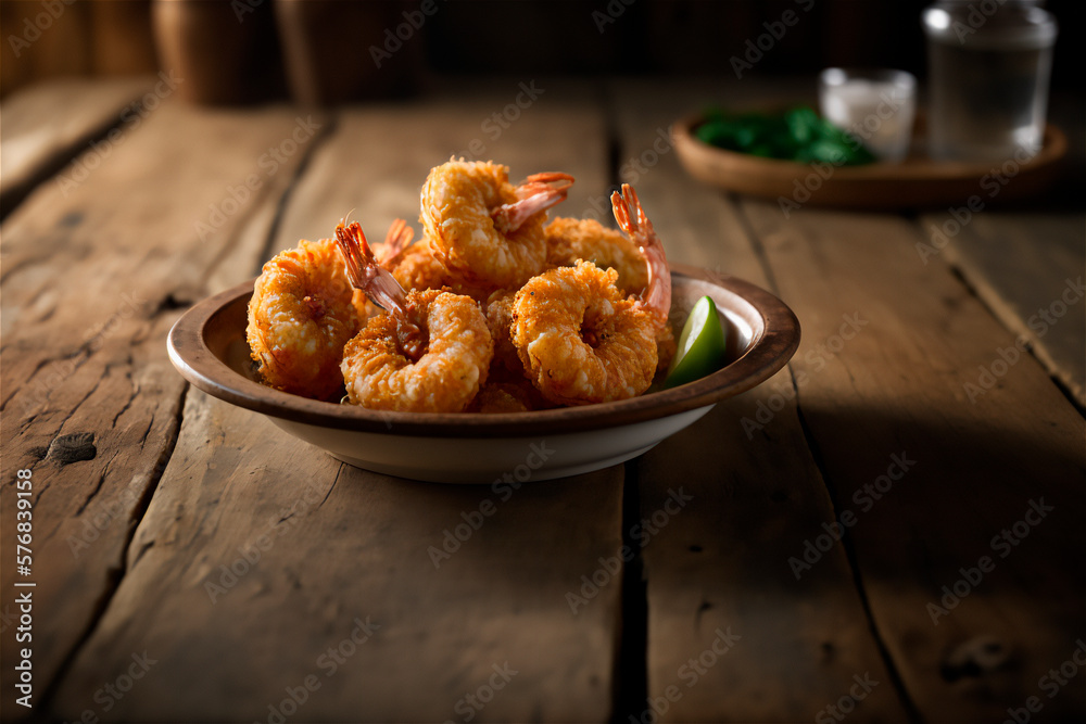 fried breaded shrimp on rustic wooden table. Delicious seafood. AI