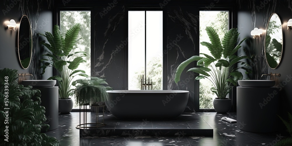 A stylish and luxurious bathroom featuring black marble tile and accents, Generative AI - obrazy, fototapety, plakaty 