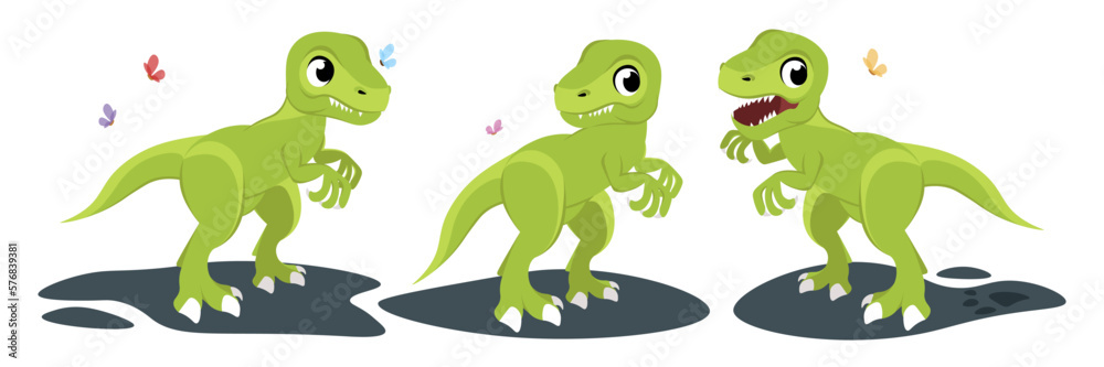 Vector illustration of cute and beautiful dinosaurs on white background. Charming characters of funny dinosaurs in different poses and emotions with butterflies in cartoon style. Vector illustration of cute and beautiful dinosaurs on white background. Charming characters of funny dinosaurs in different poses and emotions with butterflies in cartoon style.
